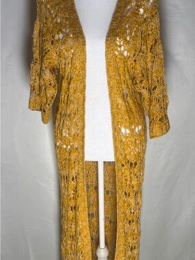 Lucca Couture Mustard Yellow Open Knit Long Cardigan
